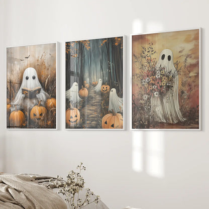 Spooky Ghosts Halloween Wall Art Set of 3 Prints