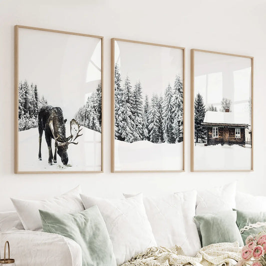 Set of 3 winter wall art prints with moose log cabin and snowy forest