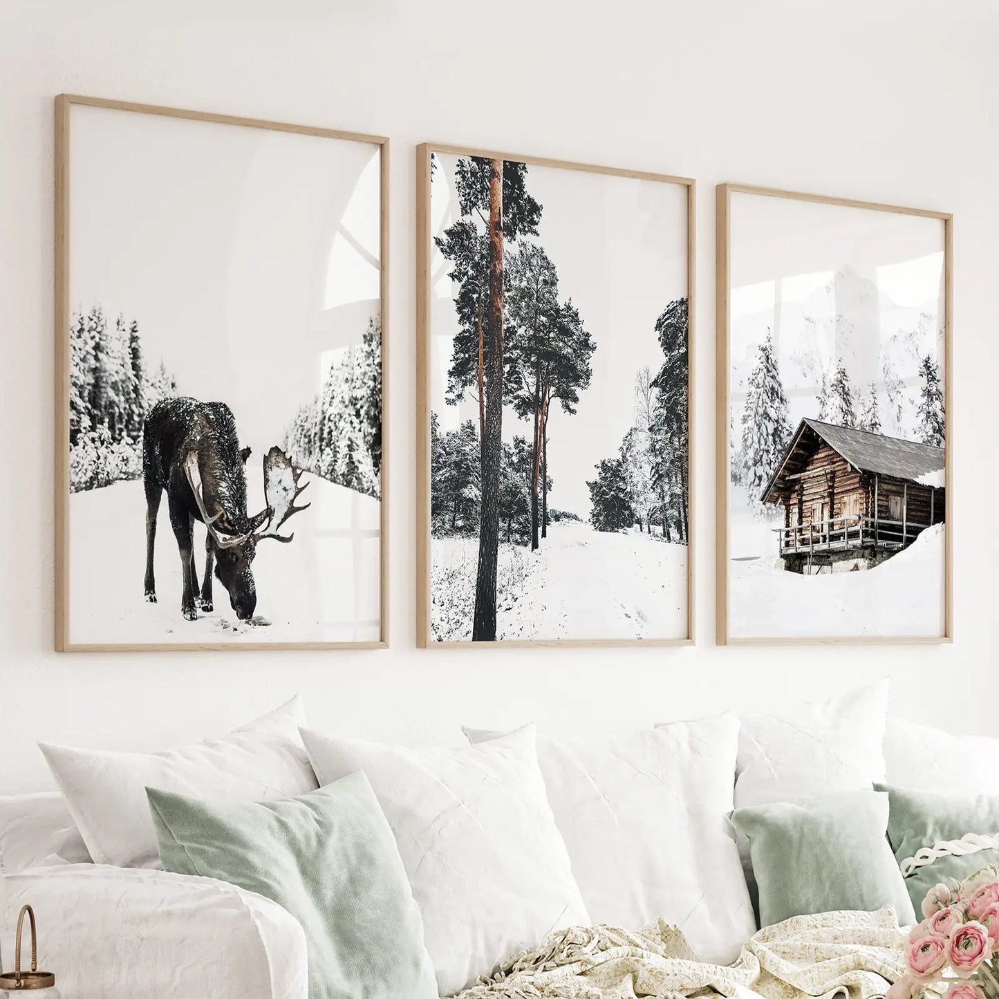 Set of 3 Nordic winter wall art prints with pine forest moose and log cabin