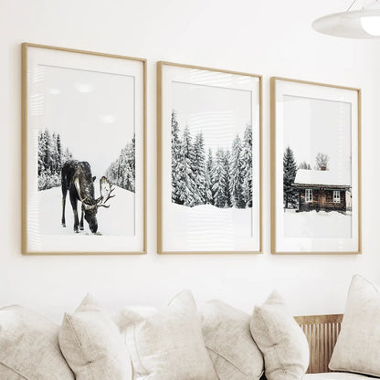 Winter Moose Wall Art Set of 3 Forest Prints