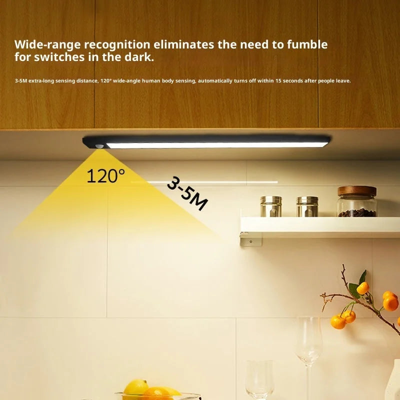 Motion sensor LED strip light showing 120-degree wide-angle detection and 3-5M sensing range in kitchen cabinet