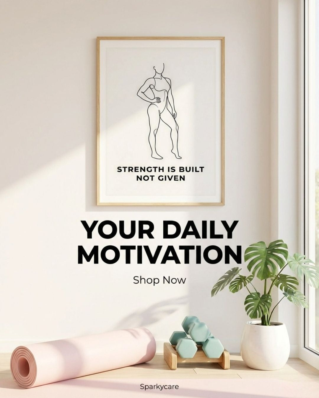 Motivational poster with a quote on a wall in a room with a plant and yoga mat.
