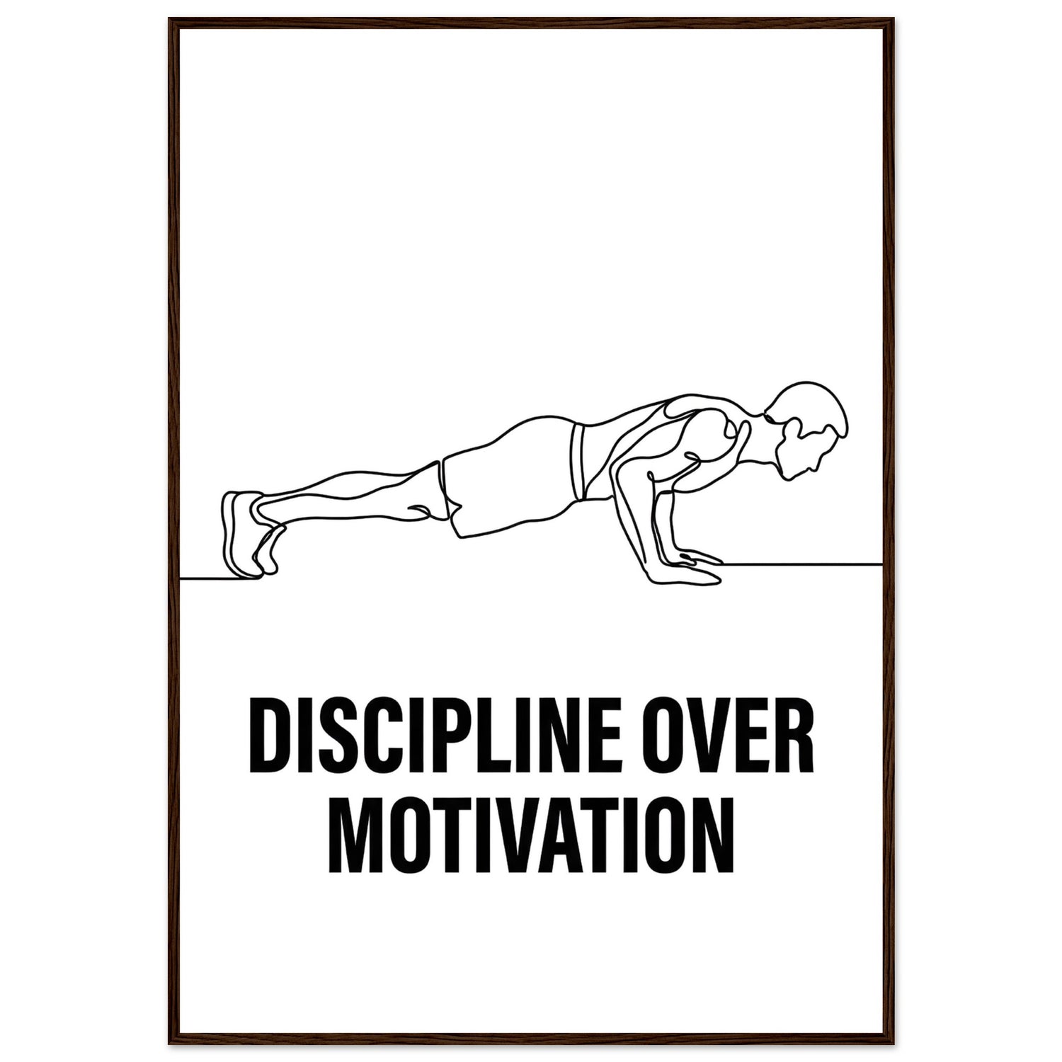 Motivational poster with a push-up illustration and 'Discipline Over Motivation' text on a white background.