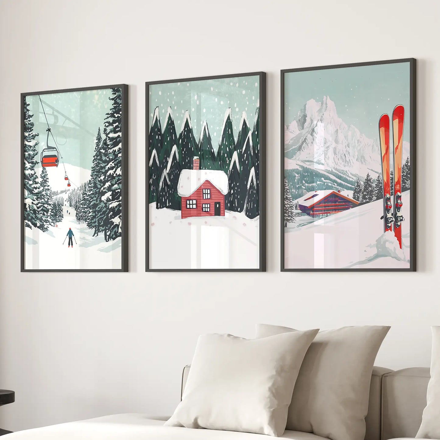 Ski Lifts Cozy Cabin Snowy Peaks Wall Art Set of 3