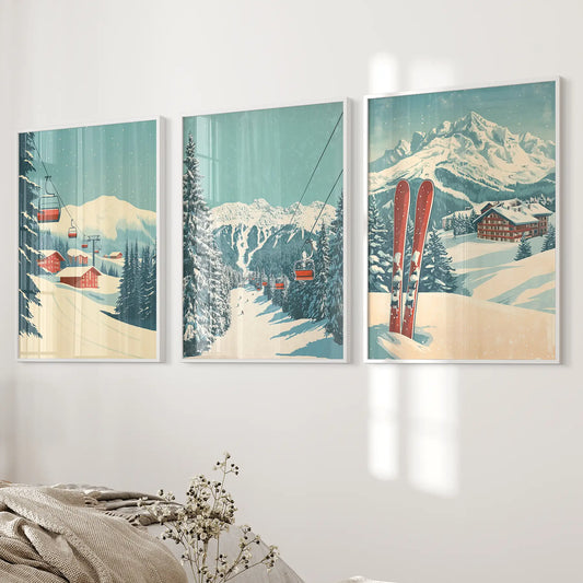 Vintage Winter Ski Landscape Wall Art Set of 3