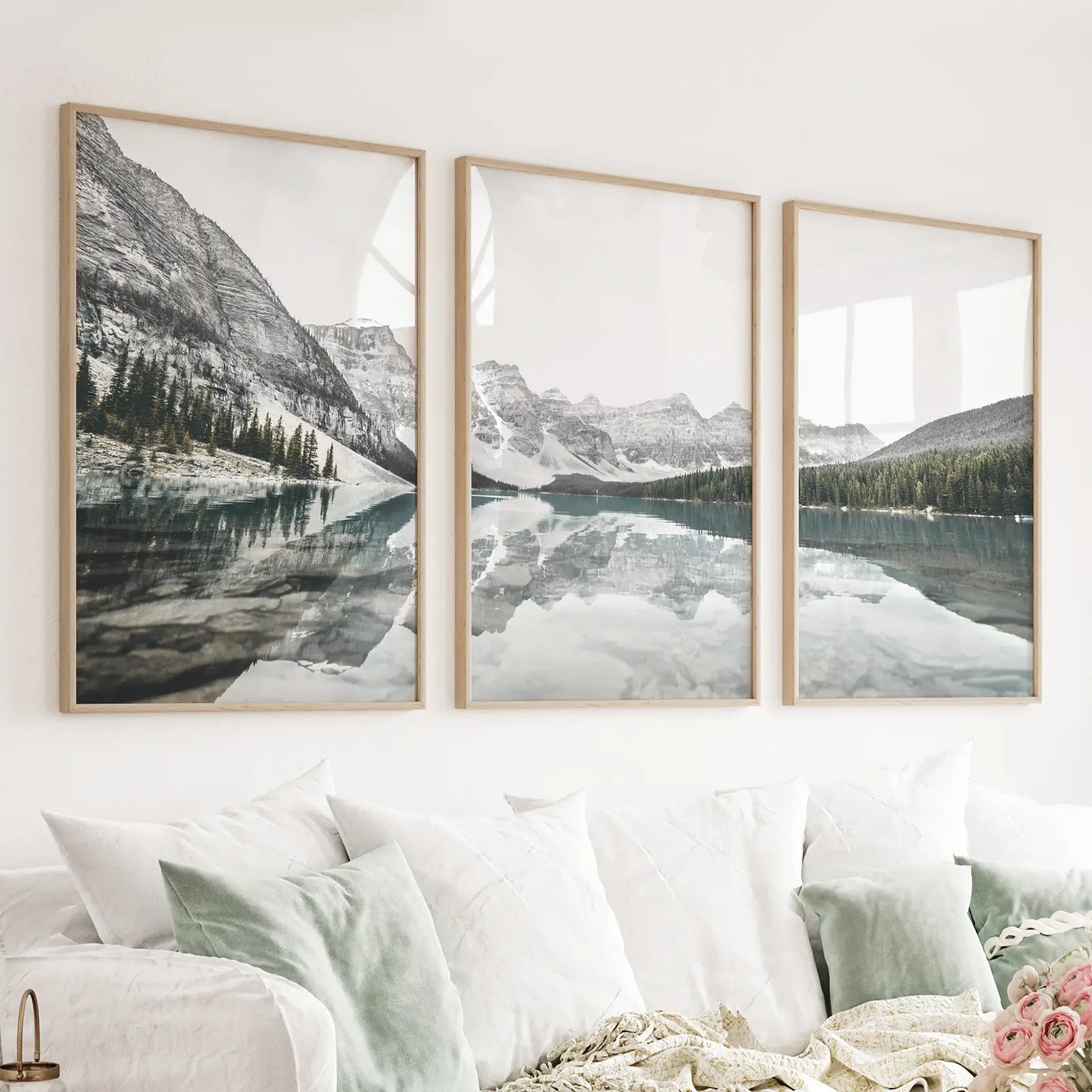 Moraine Lake Nordic mountain 3 piece wall art set with turquoise water and peaks