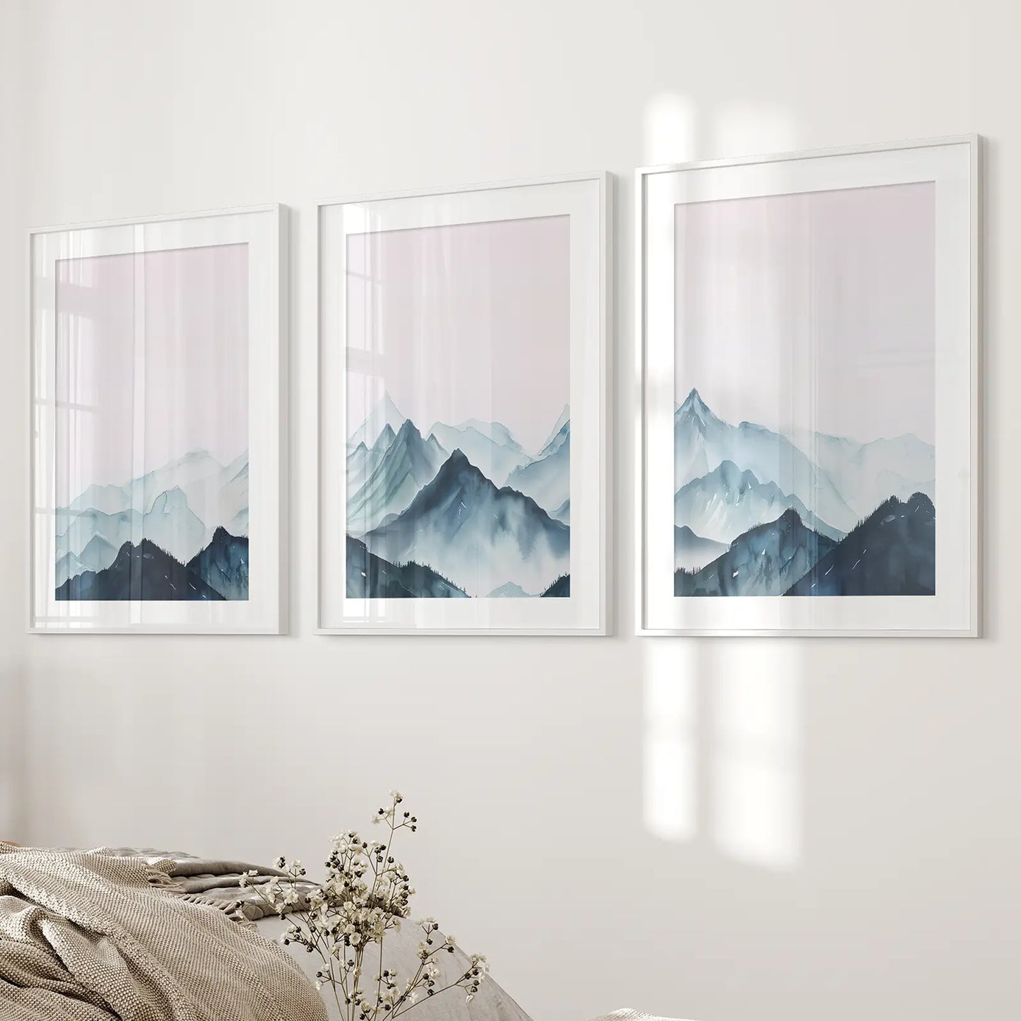 Modern Blue Mountain Landscape Wall Art Set of 3