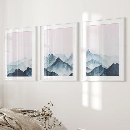 Modern Blue Mountain Landscape Wall Art Set of 3