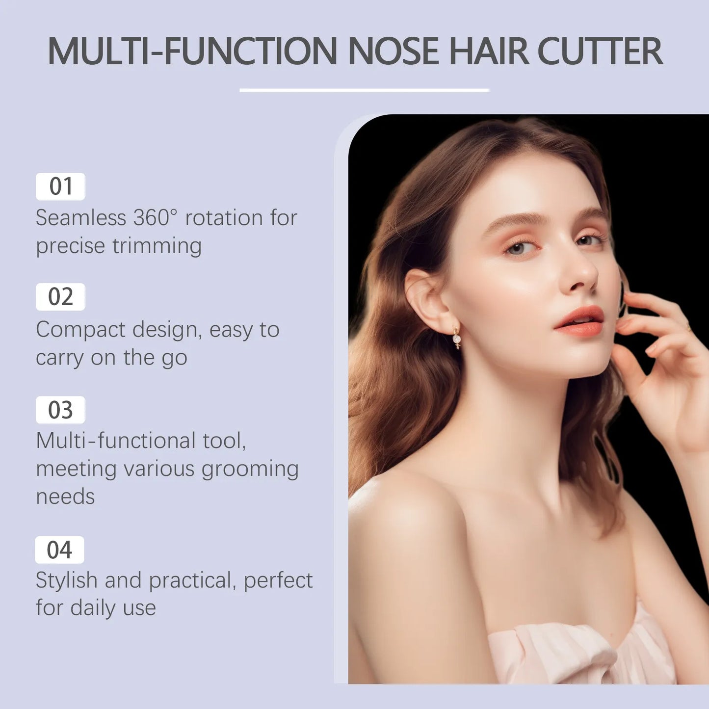 Multi-function nose hair cutter with a woman using it on her face, on a light purple background.