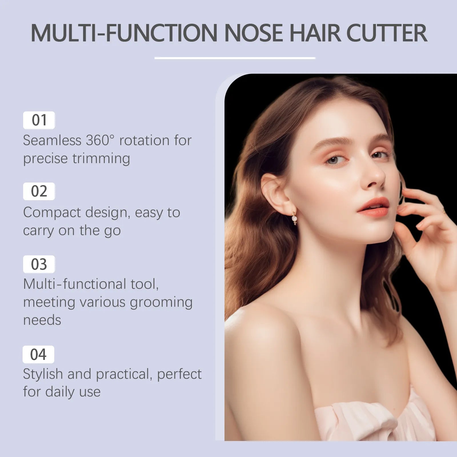 Multi-function nose hair cutter with a woman using it on her face, on a light purple background.