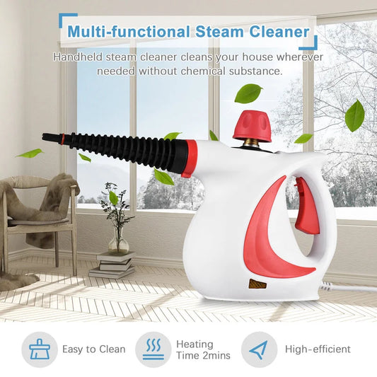 Multi functional handheld steam cleaner shown cleaning indoors with flexible nozzle attached