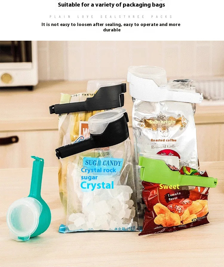 Multiple sealed bags with colorful bag clips keeping snacks fresh