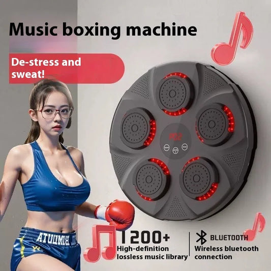 Music boxing machine with red LED lights, Bluetooth music feature, and workout graphics