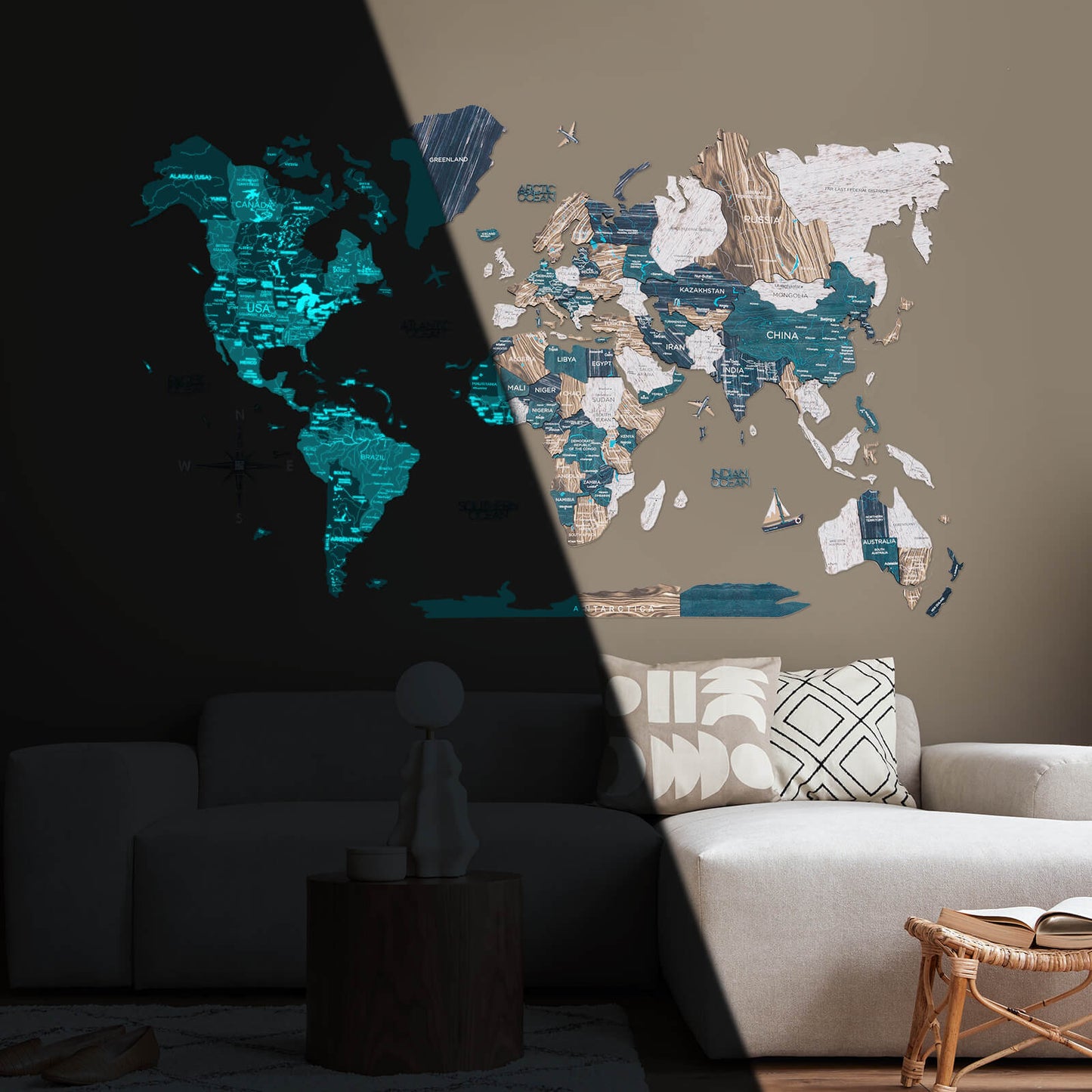 3D Wooden Luminous World Map Wall Art - Mystery