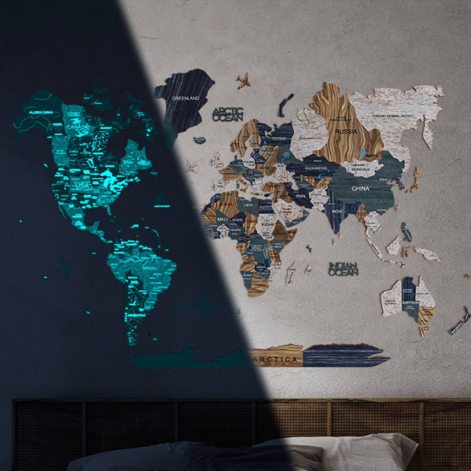 3D wooden luminous world map wall art in Mystery palette