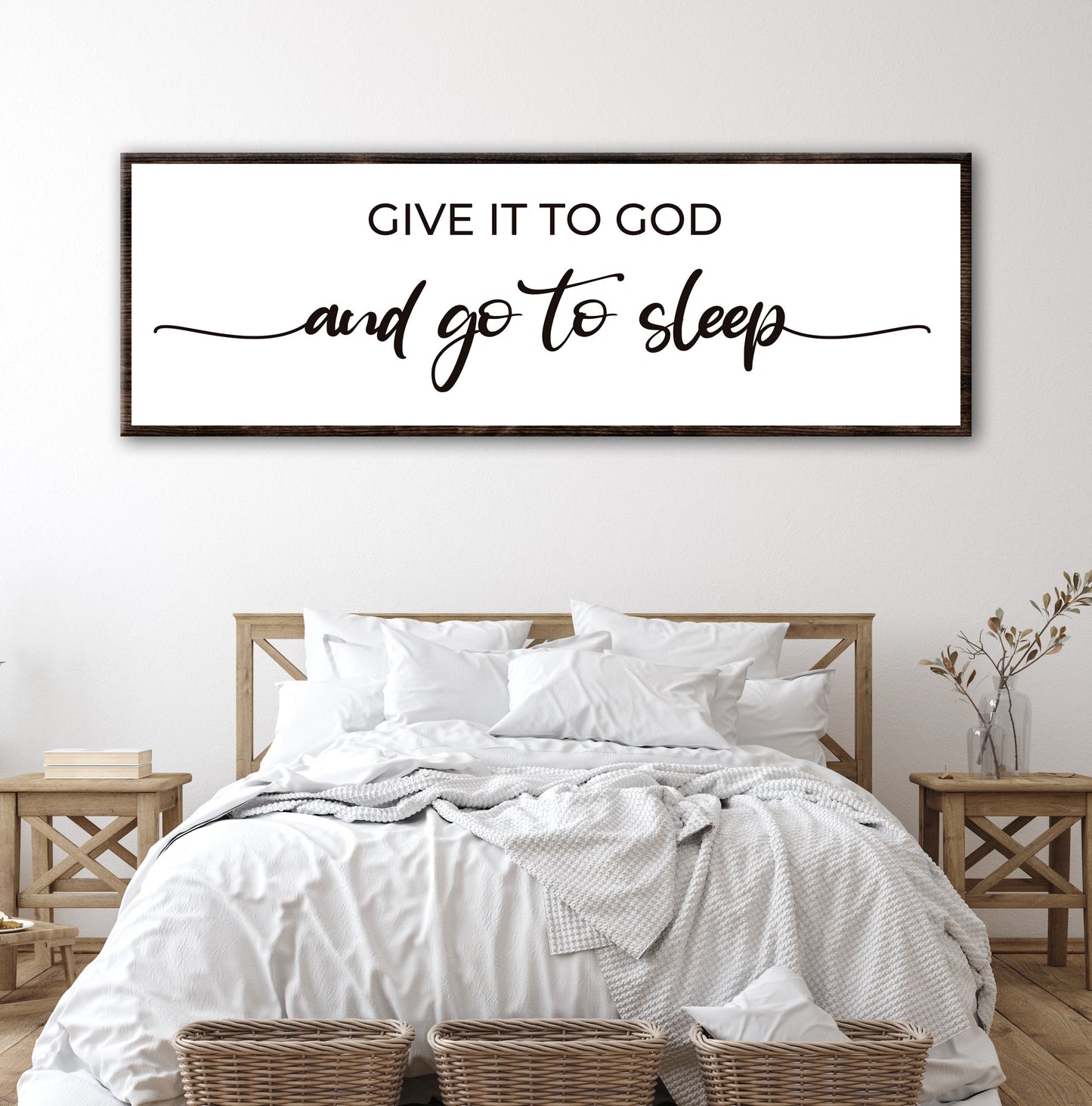 Give It To God And Go To Sleep faith canvas wall art in soft white and gray tones, ready to hang