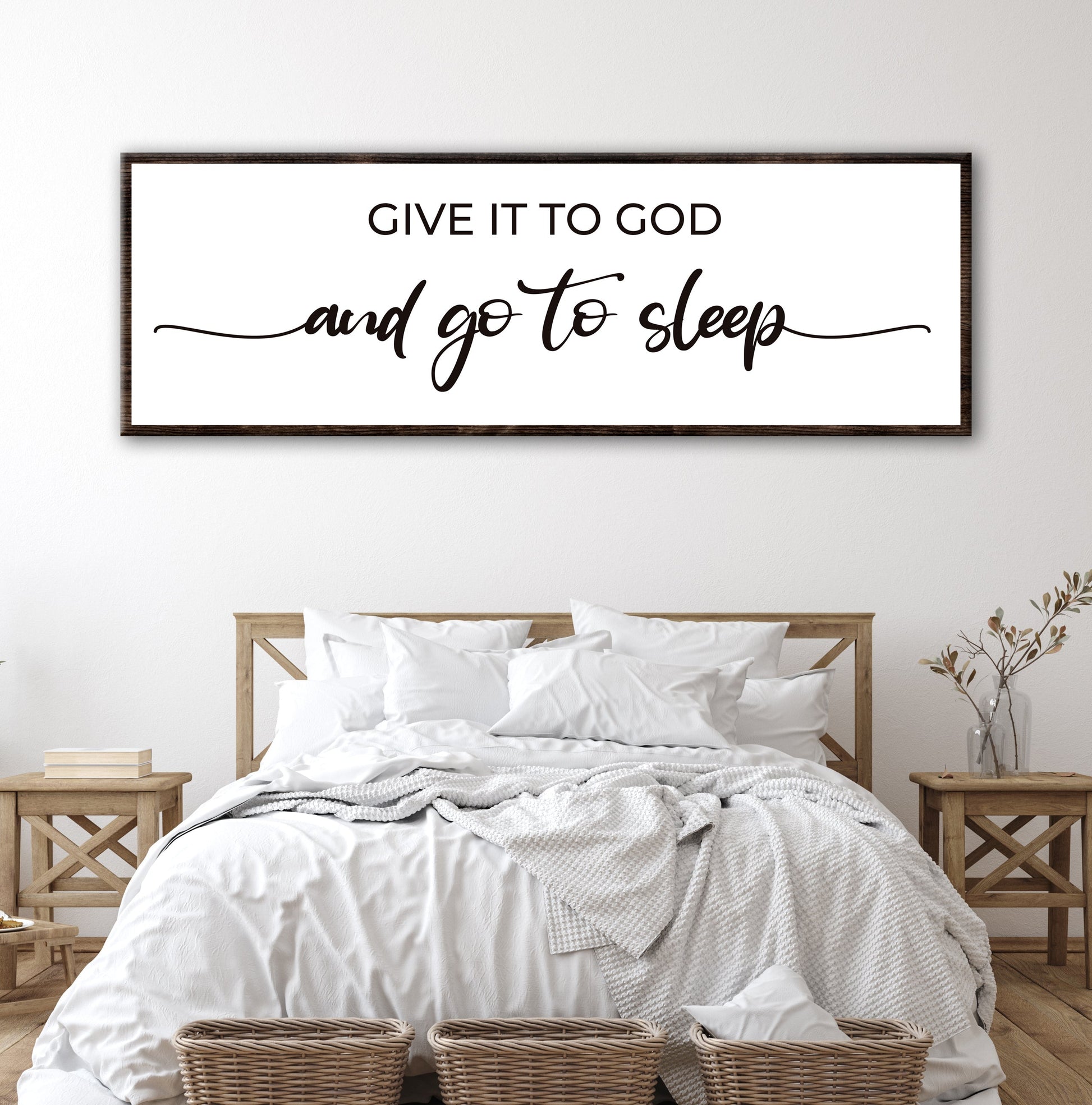 Give It To God And Go To Sleep faith canvas wall art in soft white and gray tones, ready to hang