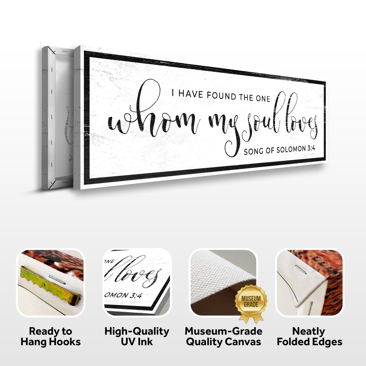 Song of Solomon sign canvas front and side, with text: Ready to Hang Hooks, High-Quality UV Ink, Museum-Grade Quality Canvas, Neatly Folded Edges