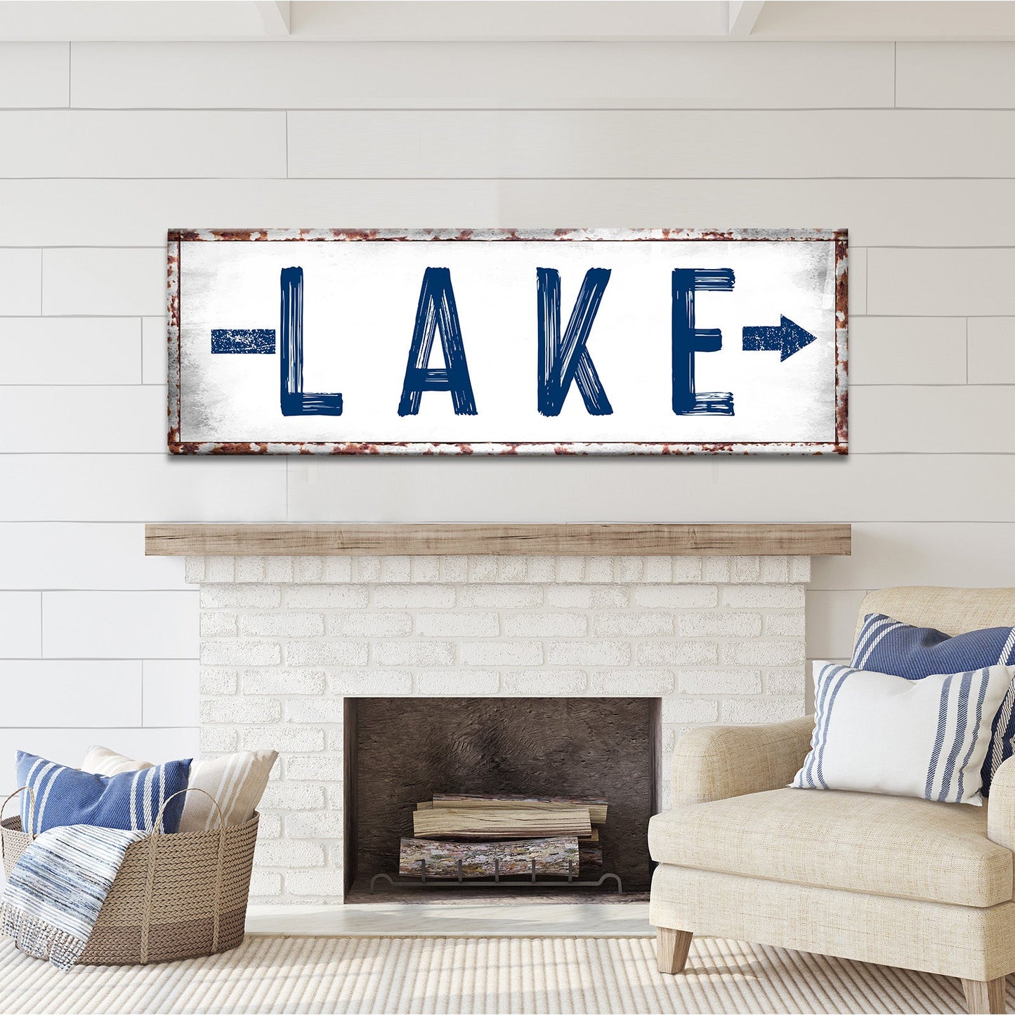 Rustic lake arrow directional canvas sign for lake house and cabin decor