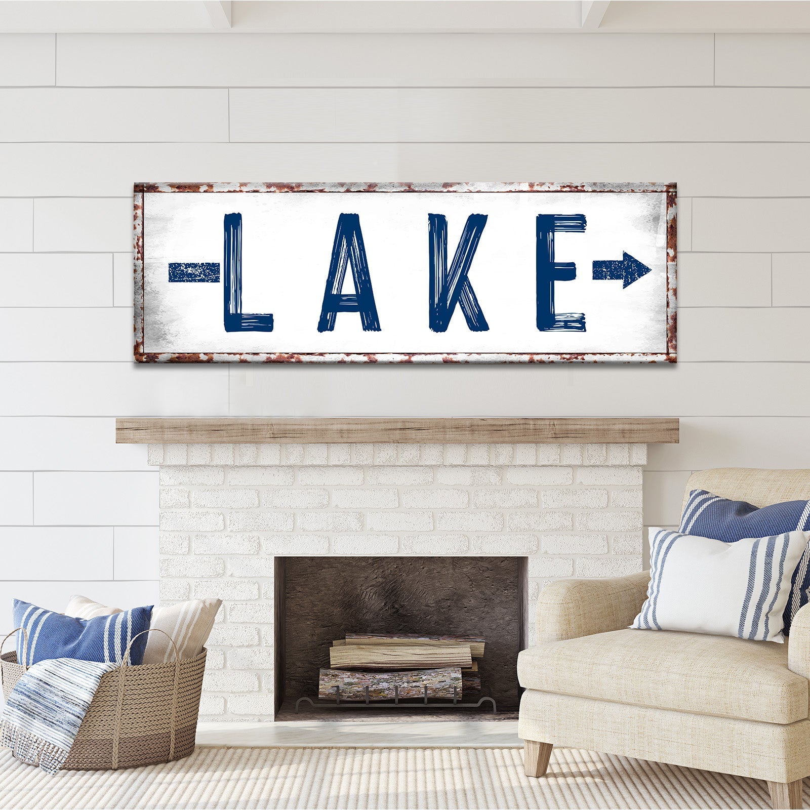 Rustic lake arrow directional canvas sign for lake house and cabin decor