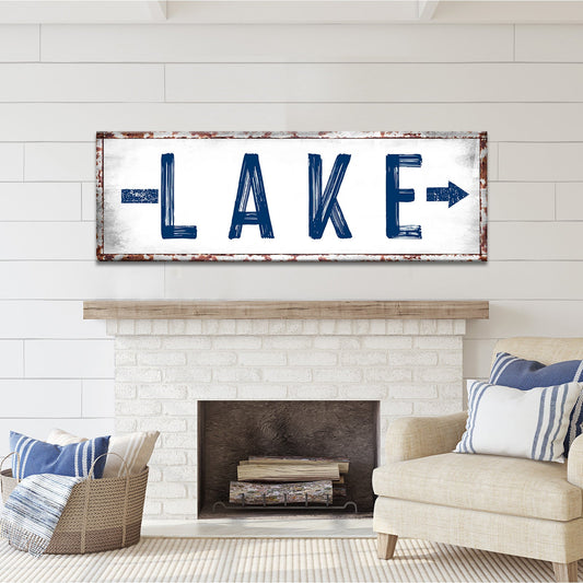 Rustic lake arrow directional canvas sign for lake house and cabin decor