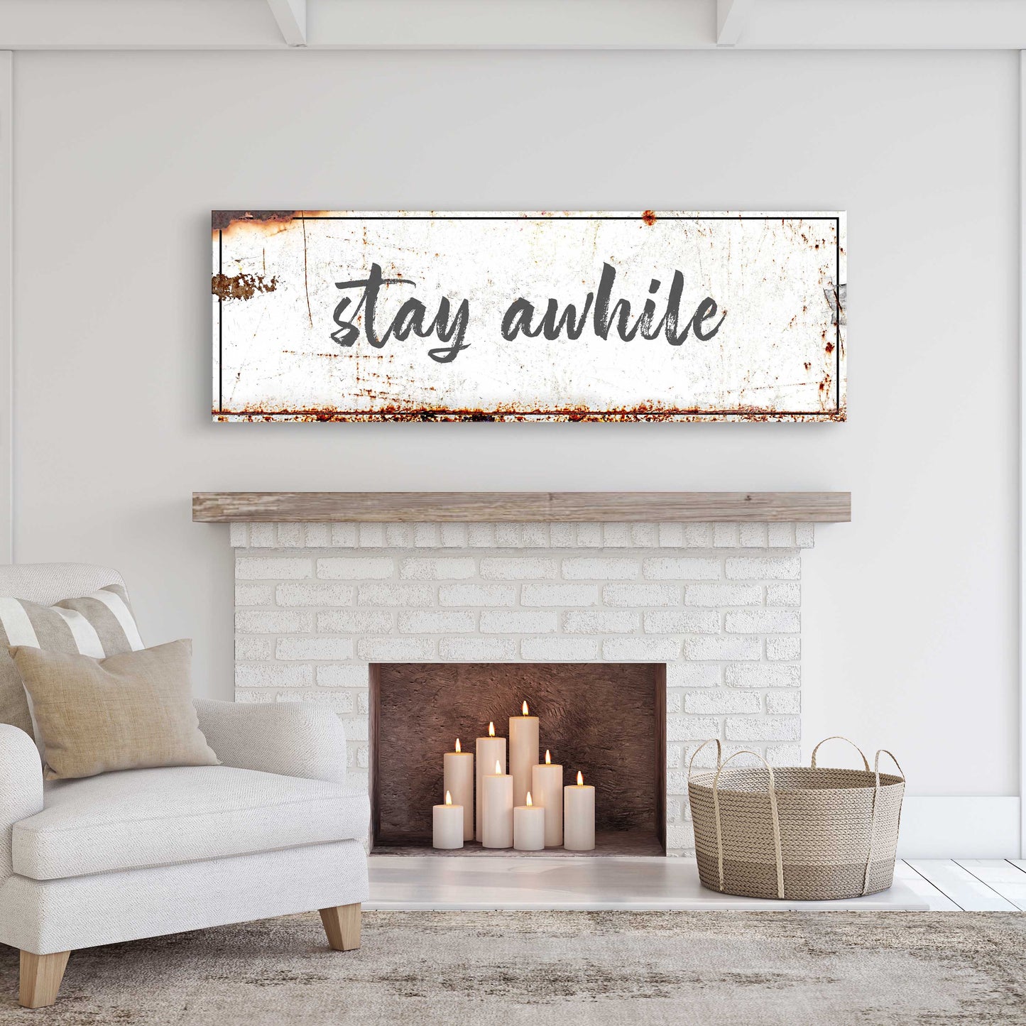 Stay Awhile rustic canvas wall art quote sign