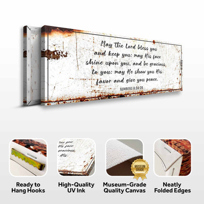 Numbers 6:24-26 Blessing canvas front and side, with text: Ready to Hang Hooks, High-Quality UV Ink, Museum-Grade Quality Canvas, Neatly Folded Edges