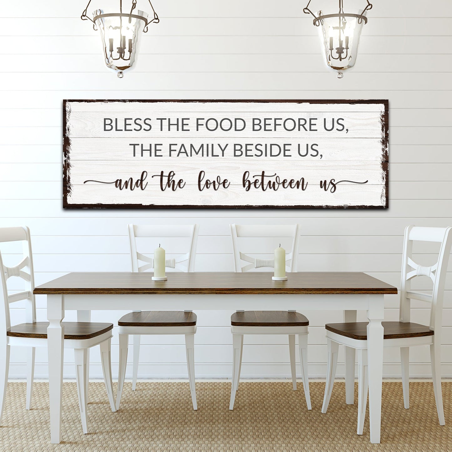 Bless the Food Before Us faith canvas sign with rustic mealtime blessing