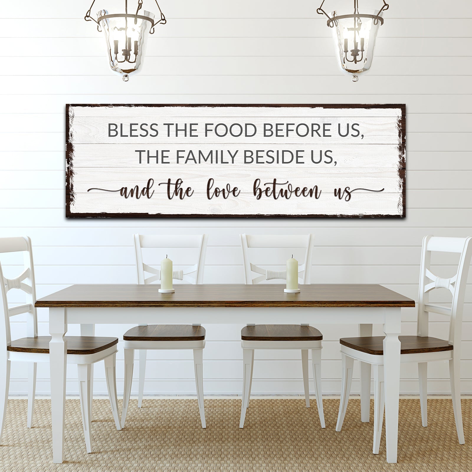 Bless the Food Before Us faith canvas sign with rustic mealtime blessing
