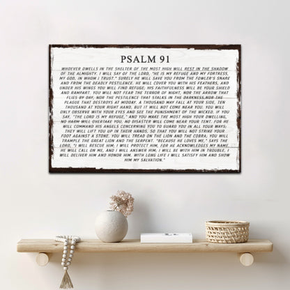 Psalm 91 Whoever Dwells faith canvas sign with scripture verse in graceful lettering