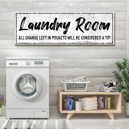 Laundry Room Pocket Change canvas in Style 2 with a light gray background, above a washer and a wood shelf