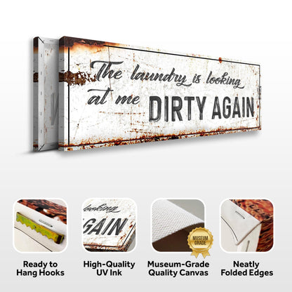 Laundry sign canvas front and side, with text: Ready to Hang Hooks, High-Quality UV Ink, Museum-Grade Quality Canvas, Neatly Folded Edges