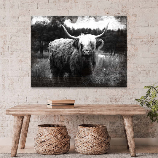 Highland cattle monochrome canvas wall art with bold black and white highland cow profile portrait on gallery-wrapped canvas