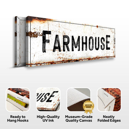 Farmhouse sign canvas front and side, with text: Ready to Hang Hooks, High-Quality UV Ink, Museum-Grade Quality Canvas, Neatly Folded Edges