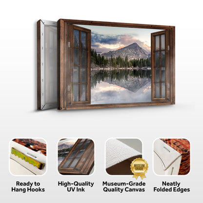 Mountain lake window canvas front and side, with text: Ready to Hang Hooks, High-Quality UV Ink, Museum-Grade Quality Canvas, Neatly Folded Edges