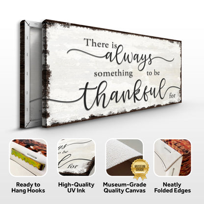Thankful script sign canvas front and side, with text: Ready to Hang Hooks, High-Quality UV Ink, Museum-Grade Quality Canvas, Neatly Folded Edges