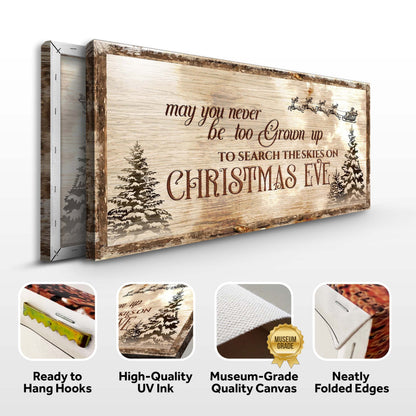 Christmas Eve sign canvas front and side, with text: Ready to Hang Hooks, High-Quality UV Ink, Museum-Grade Quality Canvas, Neatly Folded Edges