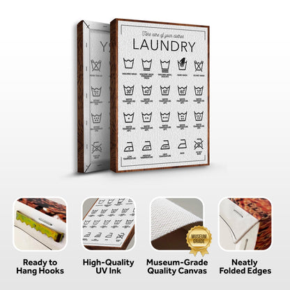 Laundry guide canvas front and side, with text: Ready to Hang Hooks, High-Quality UV Ink, Museum-Grade Quality Canvas, Neatly Folded Edges