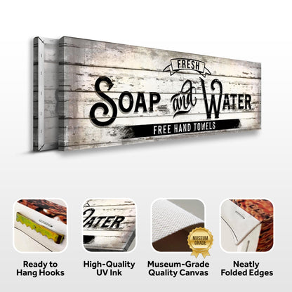 Bathroom sign canvas front and side, with text: Ready to Hang Hooks, High-Quality UV Ink, Museum-Grade Quality Canvas, Neatly Folded Edges