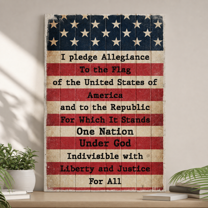 Tall canvas sign with the Pledge of Allegiance printed over a weathered American flag, leaning by a plant and books