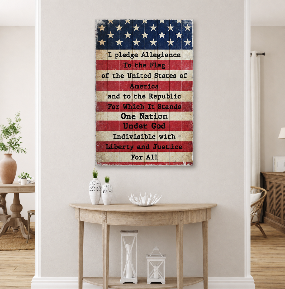 Pledge of Allegiance flag sign canvas shown in a styled room setting, view 2