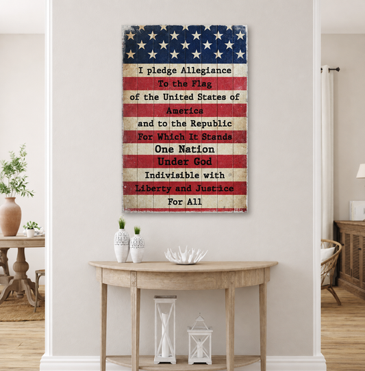 Pledge of Allegiance flag sign canvas shown in a styled room setting, view 2
