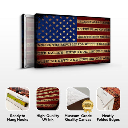 Pledge of Allegiance flag canvas front and side, with text: Ready to Hang Hooks, High-Quality UV Ink, Museum-Grade Quality Canvas, Neatly Folded Edges
