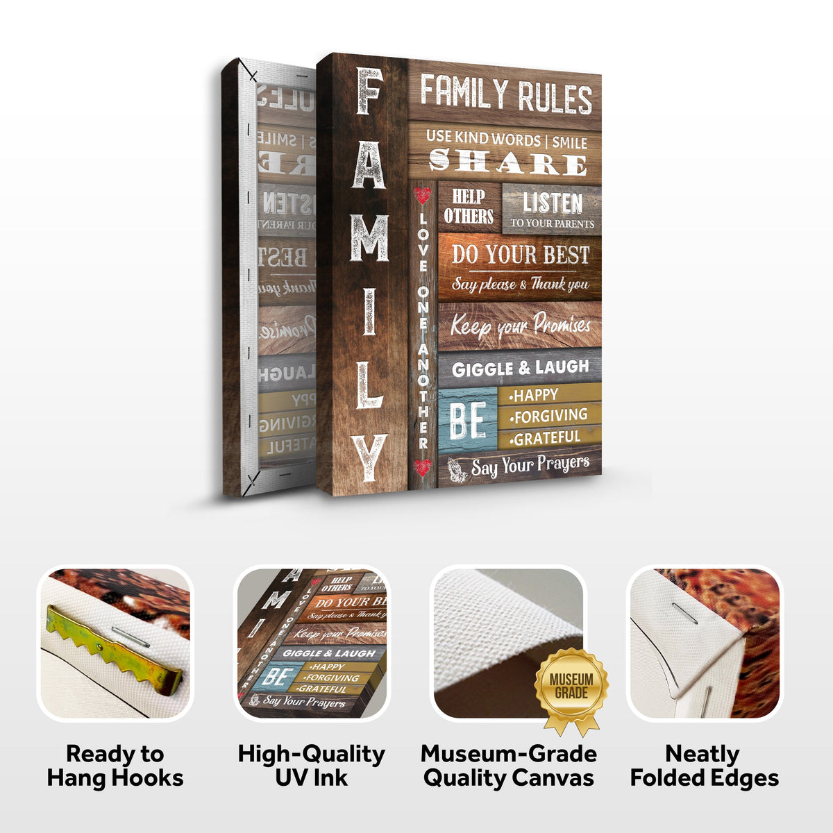Family Rules sign canvas front and side, with text: Ready to Hang Hooks, High-Quality UV Ink, Museum-Grade Quality Canvas, Neatly Folded Edges