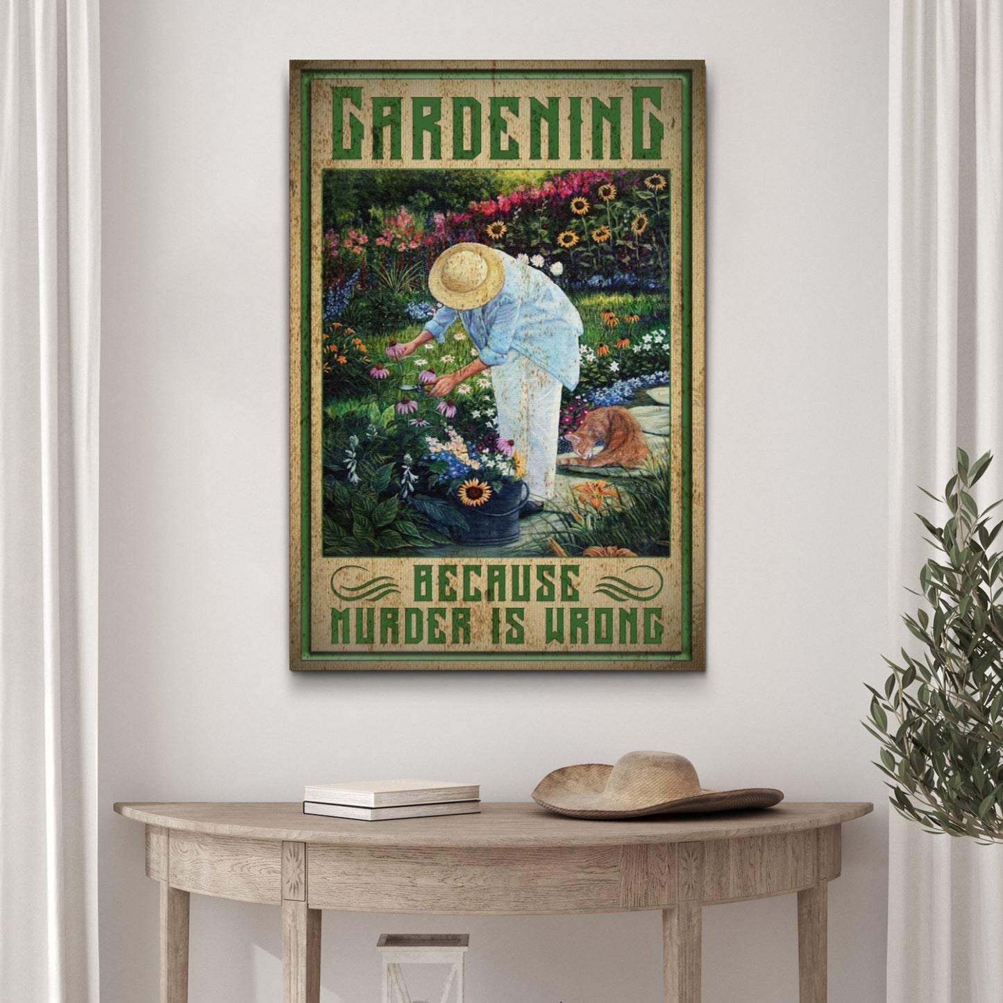 Gardening Because Murder Is Wrong rustic word-art canvas sign for the garden