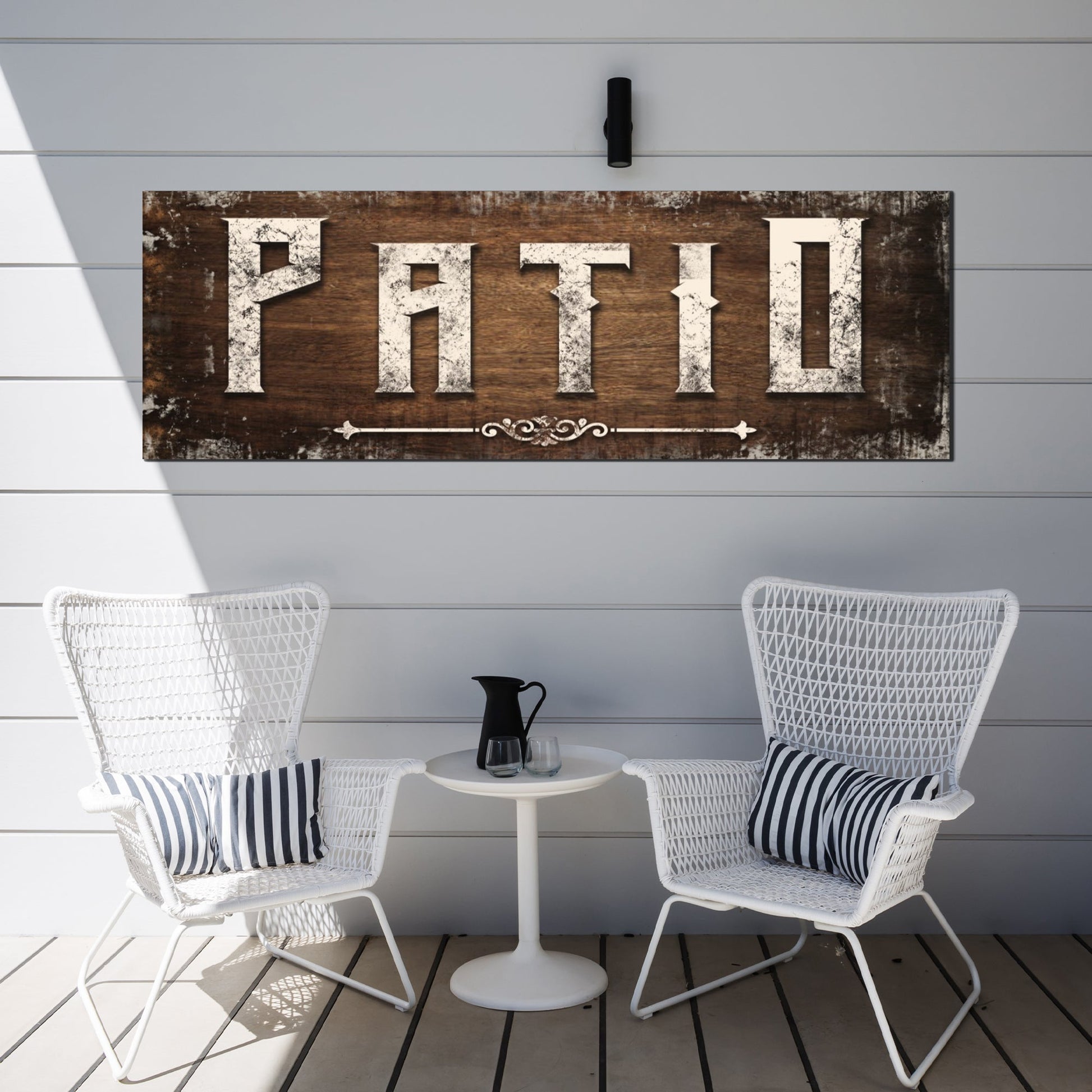 Personalized distressed white patio canvas sign with family name in rustic farmhouse lettering