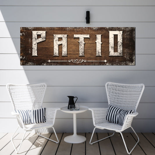 Personalized distressed white patio canvas sign with family name in rustic farmhouse lettering