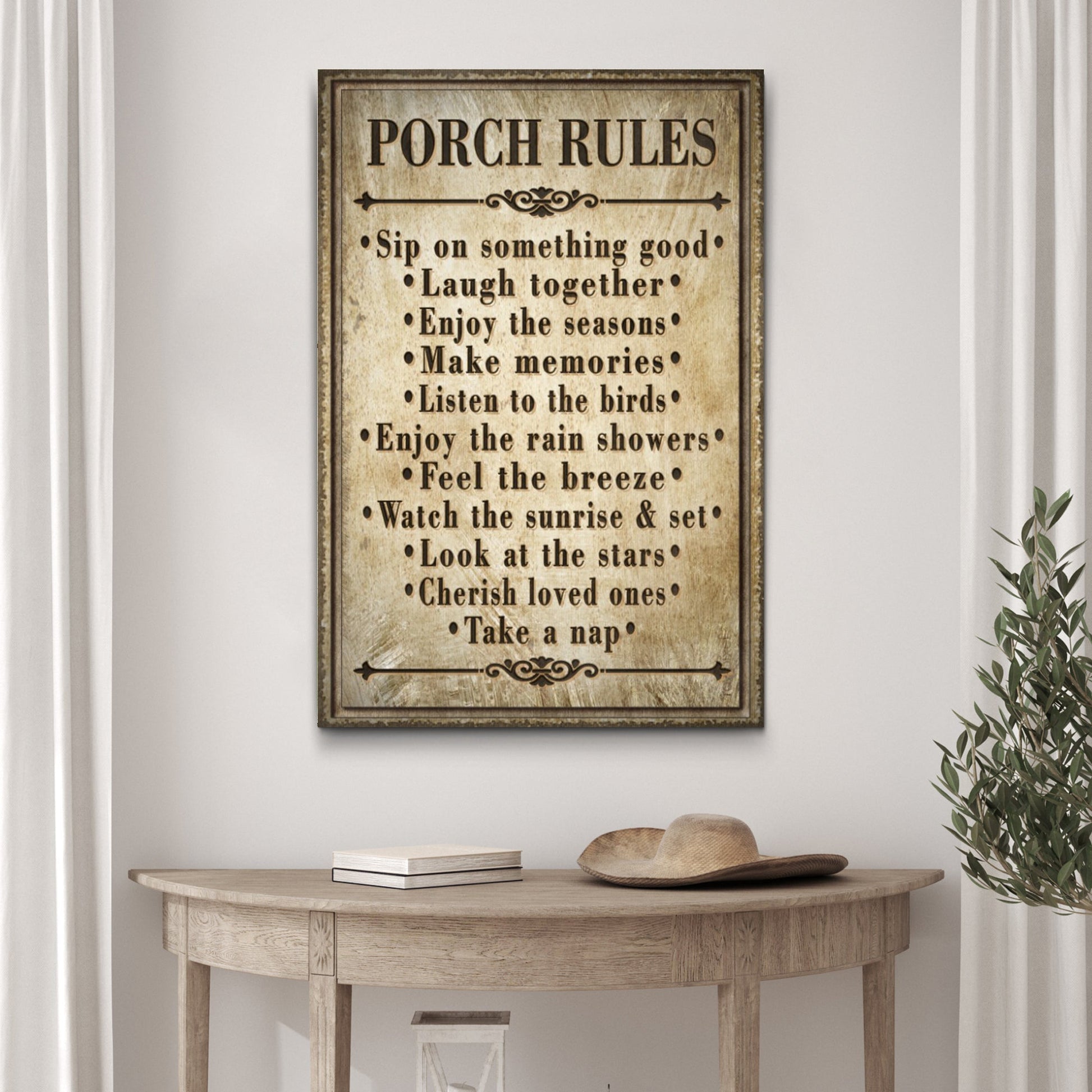 Personalized Porch Rules canvas sign with family name in rustic house-rules lettering