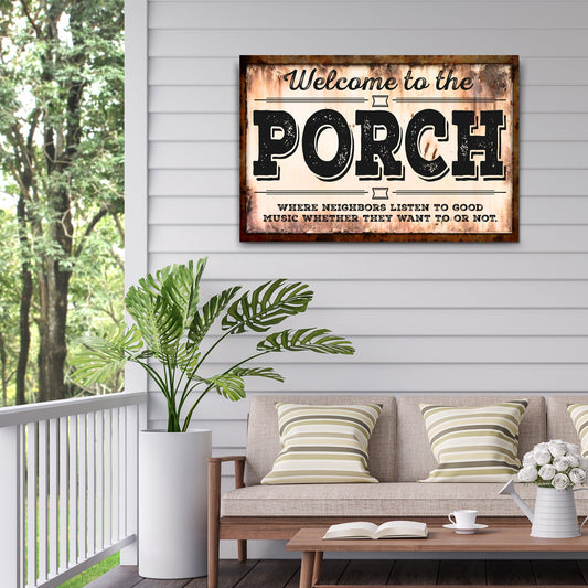 Personalized Good Neighbors Good Music porch canvas sign with family name in rustic lettering