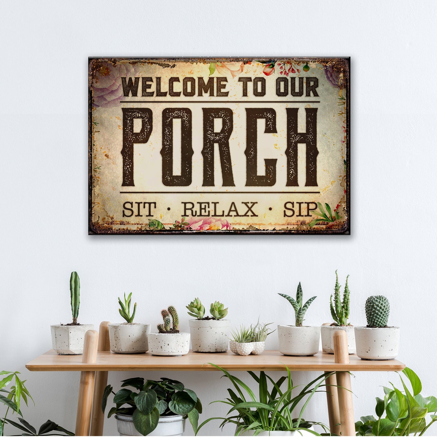 Personalized welcome to our porch canvas sign with rustic word-art family name design